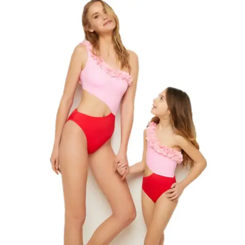 Matching Family Swimwear with Shoulder Contrast for Women and Children Kid
