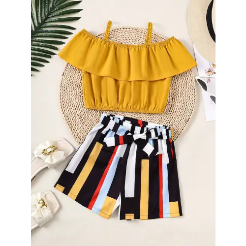 Ruffled Spaghetti Strap Two Piece Outfit for Babies and Toddlers Gold
