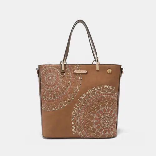 Metallic Rhinestone Tote Bag Brown One Size