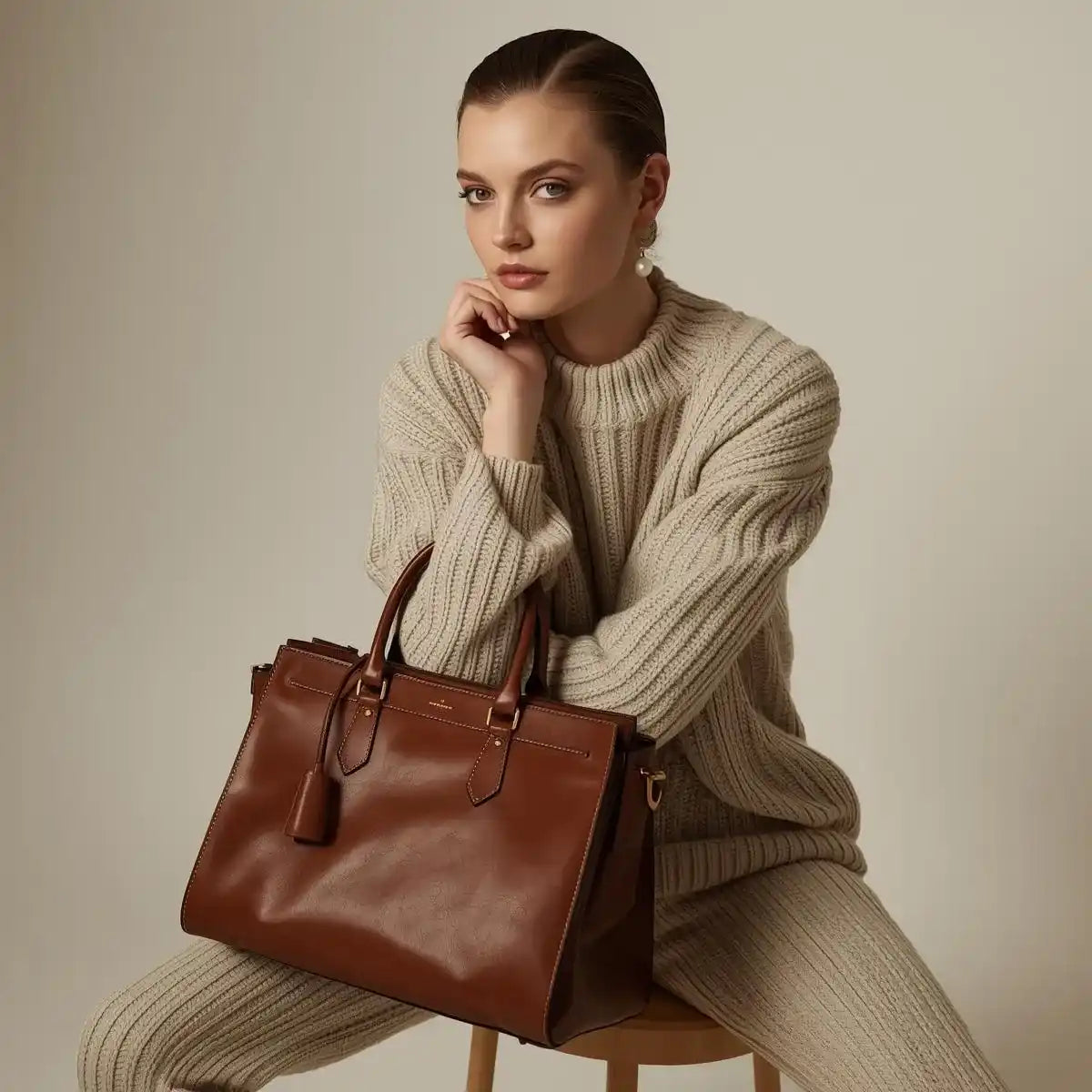 Woman in a beige sweater and pants holding a brown leather handbag against a neutral background