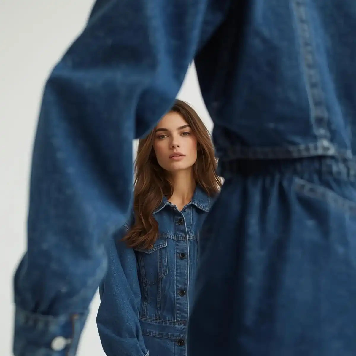 Woman wearing a denim jacket with a blurred background