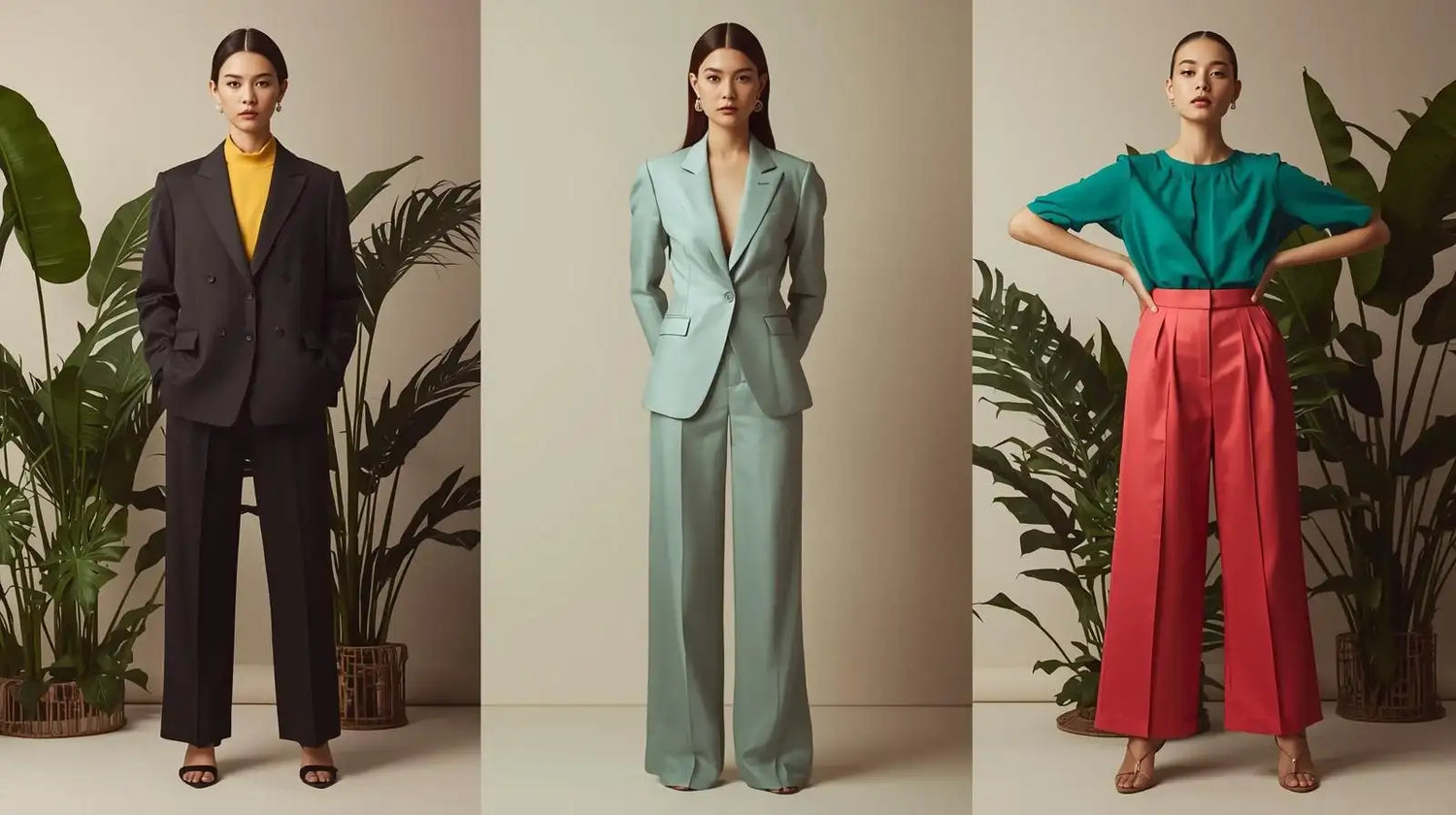 Three different outfits worn by a model with plants in the background