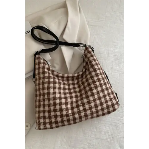 Plaid Adjustable Strap Handbag Camel One Size