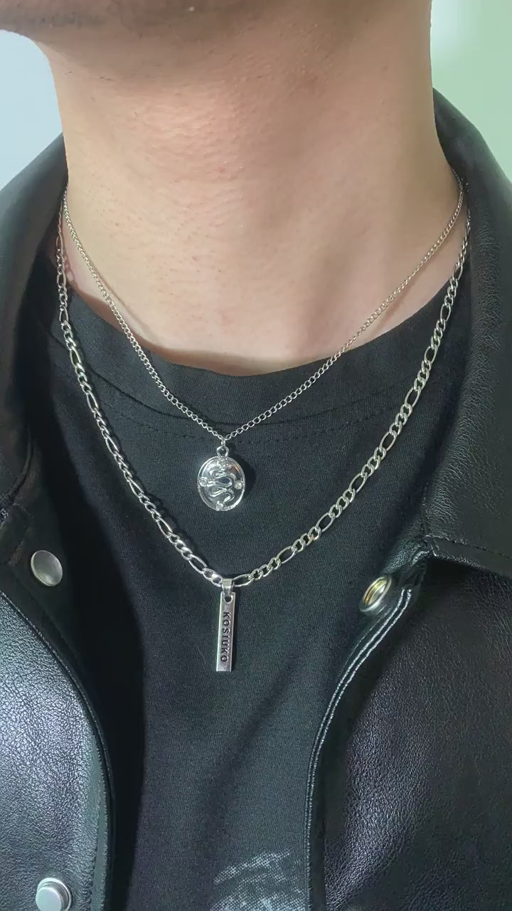 Trendy Layered Silver Chain with Oval Snake Pattern Design 