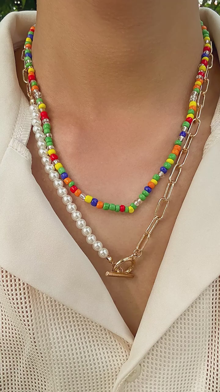 Vibrant Hip-Hop Style Necklace with Colorful Rice Beads and Double Buckle Design CM Fashion womens clothing trend