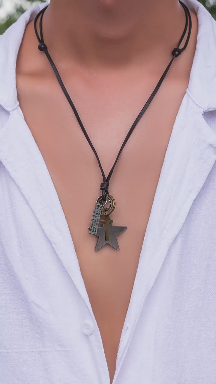 Stylish Vintage Leather Chain with Five-Pointed Star Design Pendants 