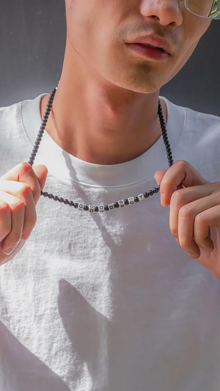 Trendy Black Beaded Necklace with Square Good Boy Letter Design 