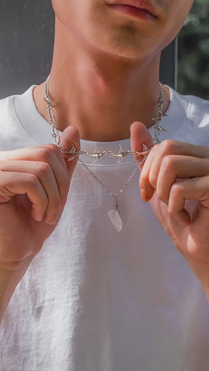 Trendy Silver Bird Necklace with Irregular Gemstone Double-Layer Design 