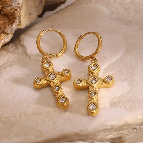 Cross Gemstone-Inlaid Earrings