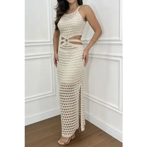 Romantic Cutout Slit Round Neck Sweater Dress Beige