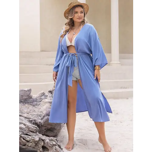Viscose Plus Size Embroidered Tied Open Front Kimono Cover Up