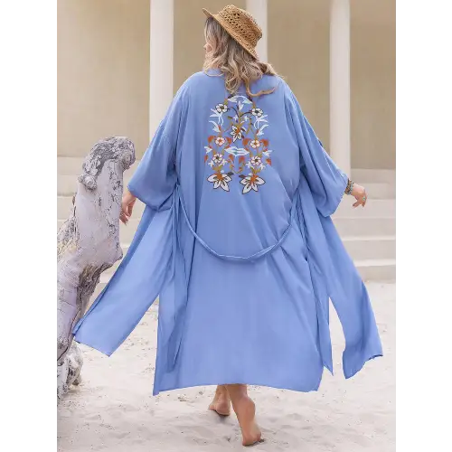 Viscose Plus Size Embroidered Tied Open Front Kimono Cover Up