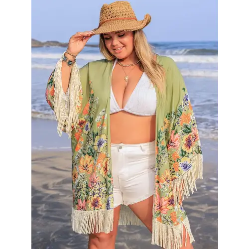 Romantic Plus Size Fringe Open Kimono Cover-Up for Beach Days Sage