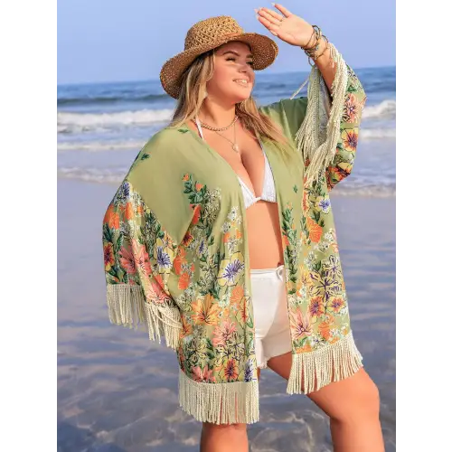 Romantic Plus Size Fringe Open Kimono Cover-Up for Beach Days