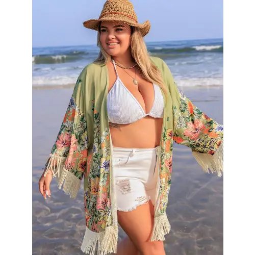 Romantic Plus Size Fringe Open Kimono Cover-Up for Beach Days