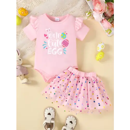 Ruffled Graphic Bodysuit Two Piece Outfit for Babies and Toddlers Blush Pink