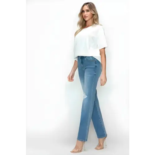 Distressed High Rise Straight Jeans
