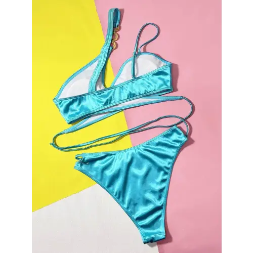 Shimmering Teal Crisscross Bikini Set with Elegant Gold Chain Accent