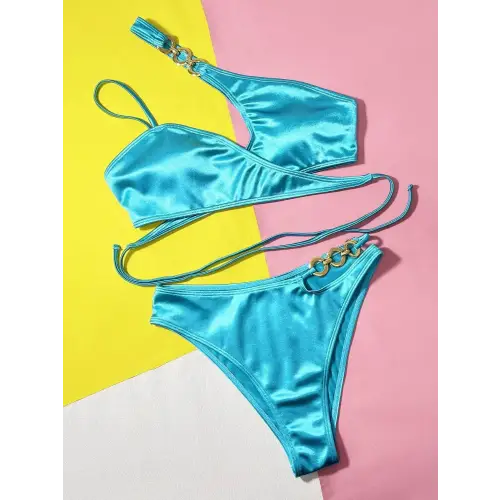 Shimmering Teal Crisscross Bikini Set with Elegant Gold Chain Accent
