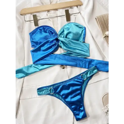 Shimmering Two-Tone Ring Detail Tied Bikini Set Sky Blue