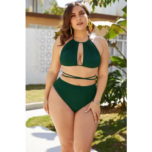 Sizzling Plus Size Cutout Tied Backless Bikini Set in Emerald Green Green
