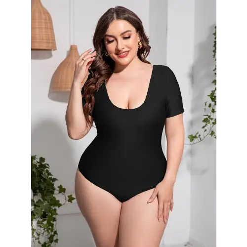 Sleek Black Scoop Neck Short Sleeve One-Piece Swimsuit Black