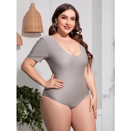 Sleek Black Scoop Neck Short Sleeve One-Piece Swimsuit