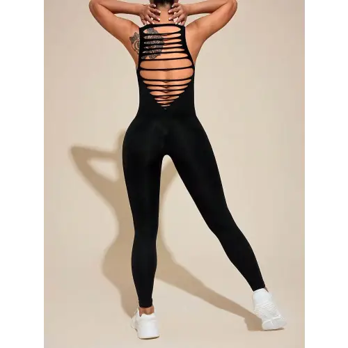 Black Sleek Cutout Wide Strap Active Jumpsuit