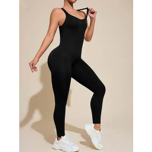 Black Sleek Cutout Wide Strap Active Jumpsuit