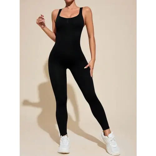Black Sleek Cutout Wide Strap Active Jumpsuit Black