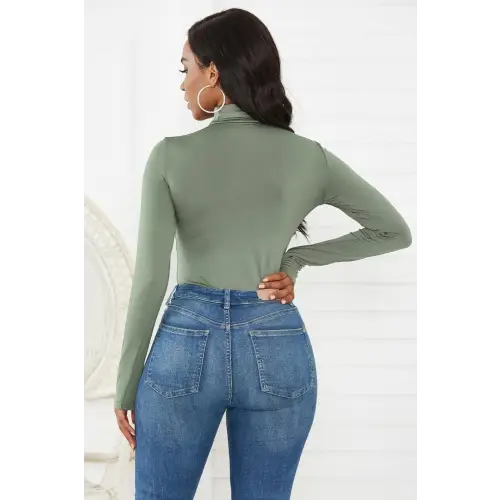 Sleek Olive Turtleneck Long Sleeve Bodysuit for Effortless Style