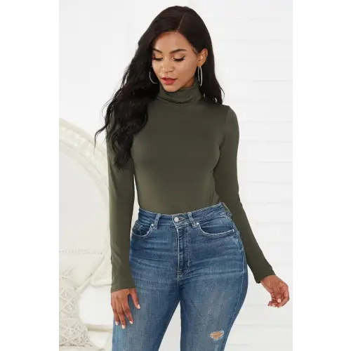 Sleek Olive Turtleneck Long Sleeve Bodysuit for Effortless Style