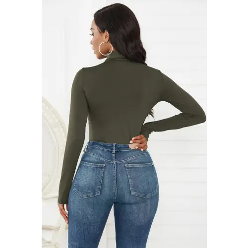 Sleek Olive Turtleneck Long Sleeve Bodysuit for Effortless Style