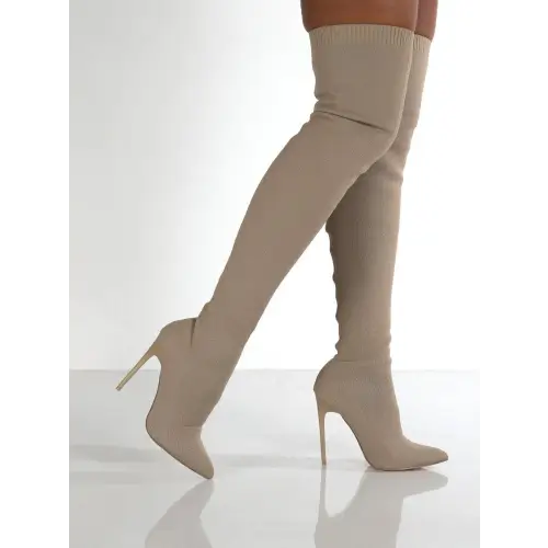 Knee Stiletto Boots Beige