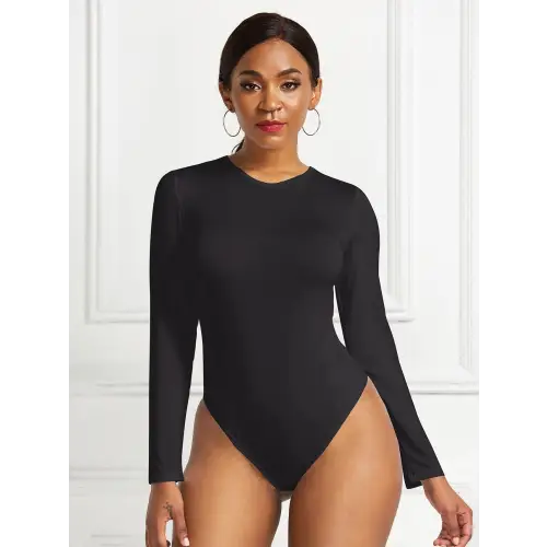 Sleek Round Neck Long Sleeve Bodysuit Black