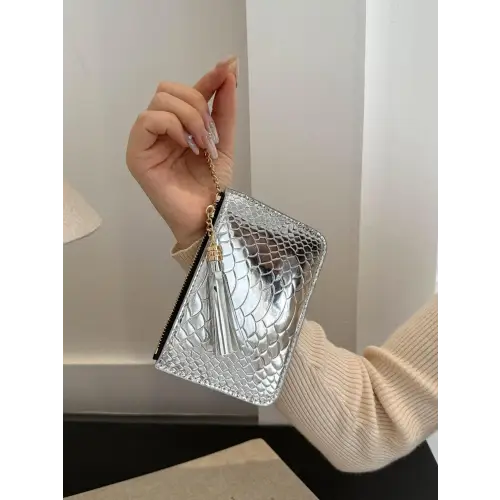 Sleek Silver Snakeskin Leather Tassel Trim Card Case Clutch