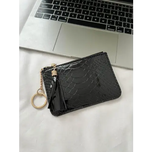 Sleek Silver Snakeskin Leather Tassel Trim Card Case Clutch