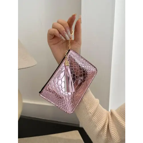 Sleek Silver Snakeskin Leather Tassel Trim Card Case Clutch
