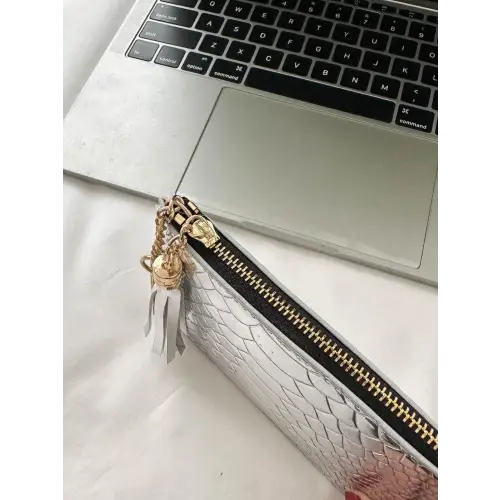 Sleek Silver Snakeskin Leather Tassel Trim Card Case Clutch