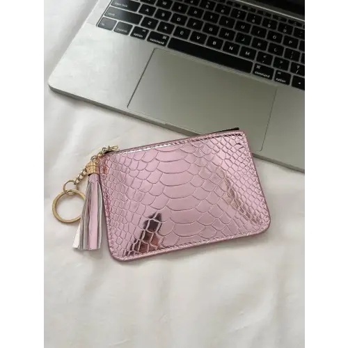 Sleek Silver Snakeskin Leather Tassel Trim Card Case Clutch