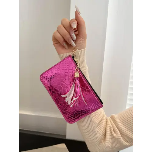 Sleek Silver Snakeskin Leather Tassel Trim Card Case Clutch