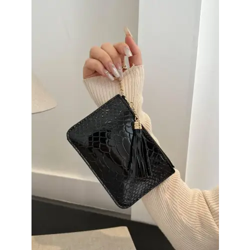 Sleek Silver Snakeskin Leather Tassel Trim Card Case Clutch