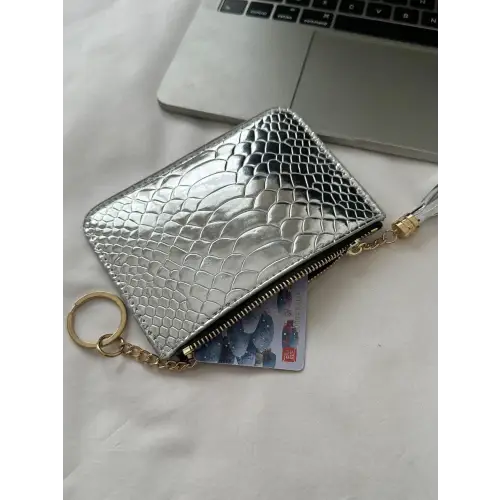 Sleek Silver Snakeskin Leather Tassel Trim Card Case Clutch