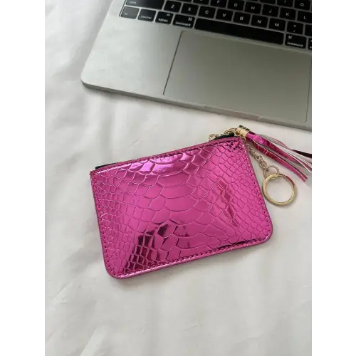 Sleek Silver Snakeskin Leather Tassel Trim Card Case Clutch