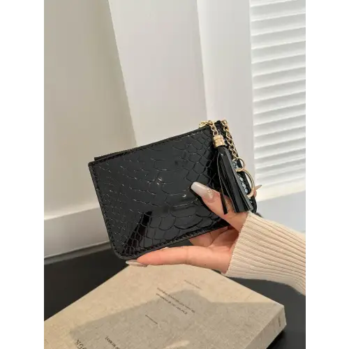 Sleek Silver Snakeskin Leather Tassel Trim Card Case Clutch