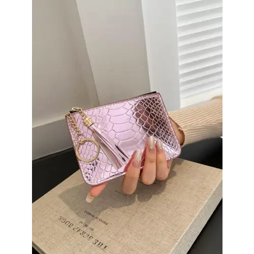 Sleek Silver Snakeskin Leather Tassel Trim Card Case Clutch