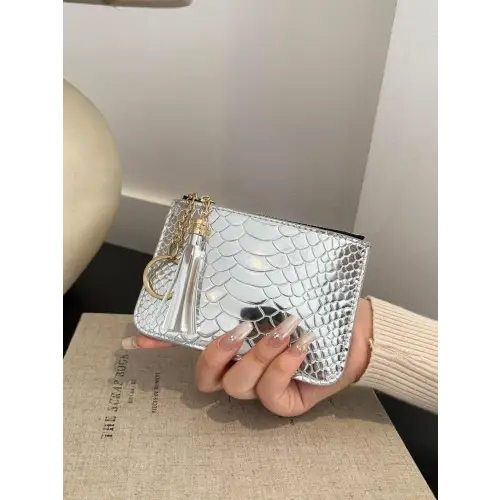 Sleek Silver Snakeskin Leather Tassel Trim Card Case Clutch Silver One Size