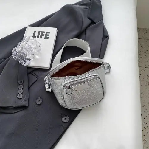 Sleek Silver Texture PU Leather Crossbody Bag