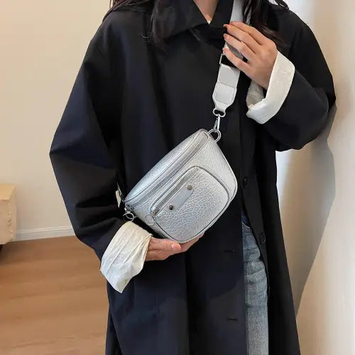 Sleek Silver Texture PU Leather Crossbody Bag