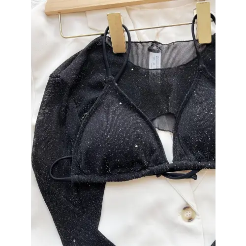 Sparkly Black Glitter Three Piece Swim Set